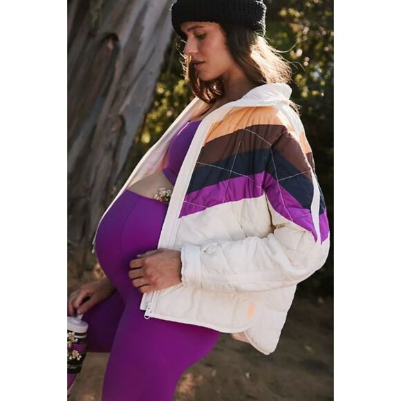 NWT FP Movement x Hatch Printed Puffer Jacket Sz L Ivory Chevron Combo Maternity - Picture 1 of 12